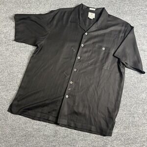 Luau Shirt Mens Large Black 100% Silk Hawaiian Camp Cocktail Graphic Aloha